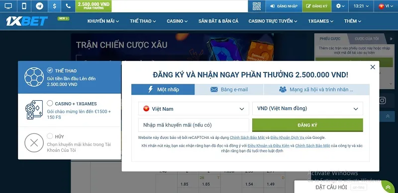 Đăng ký tài khoản tại hệ thống 1xBet